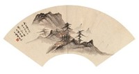 汤涤 1933年作 松岩古剎 扇面镜心